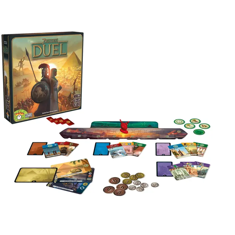 El tablero, las cartas y las monedas junto a la caja