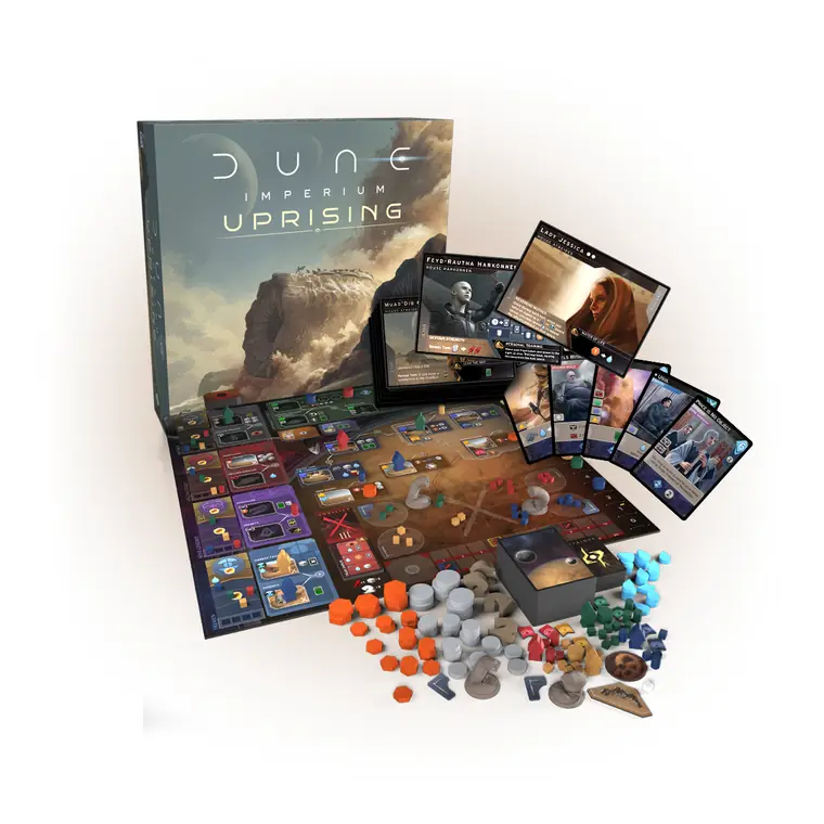 Tablero, cartas de Líder y piezas junto a la caja