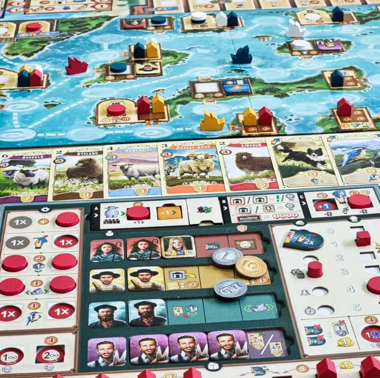 Un tablero de jugador, con discos, monedas y ovejas