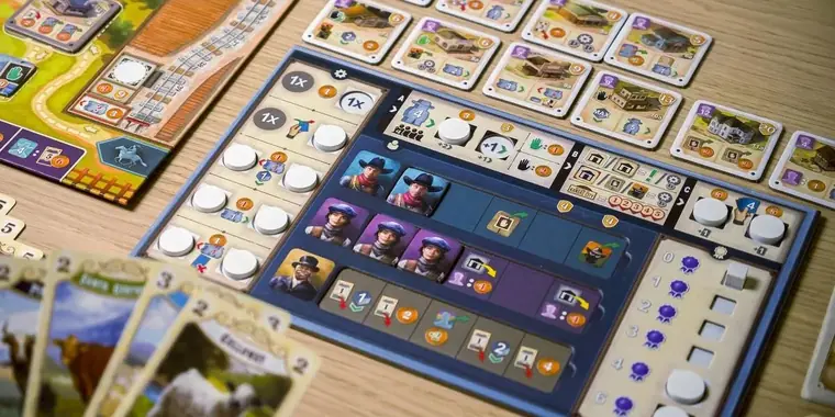 Un tablero de jugador con sus discos y trabajadores