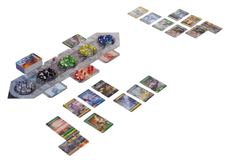 El tablero con los cubos de recurso y las cartas