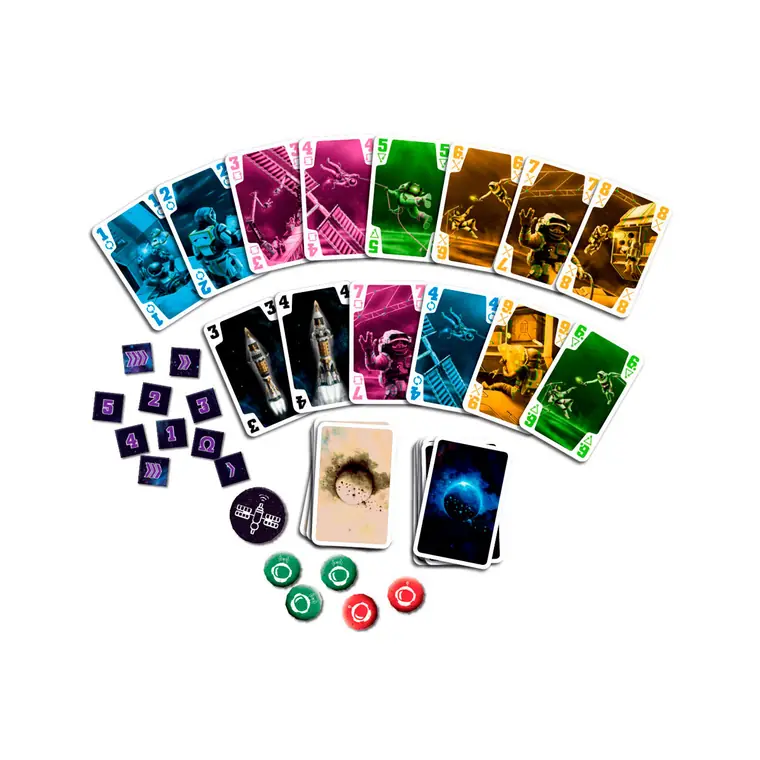 Las cartas y las fichas desplegadas