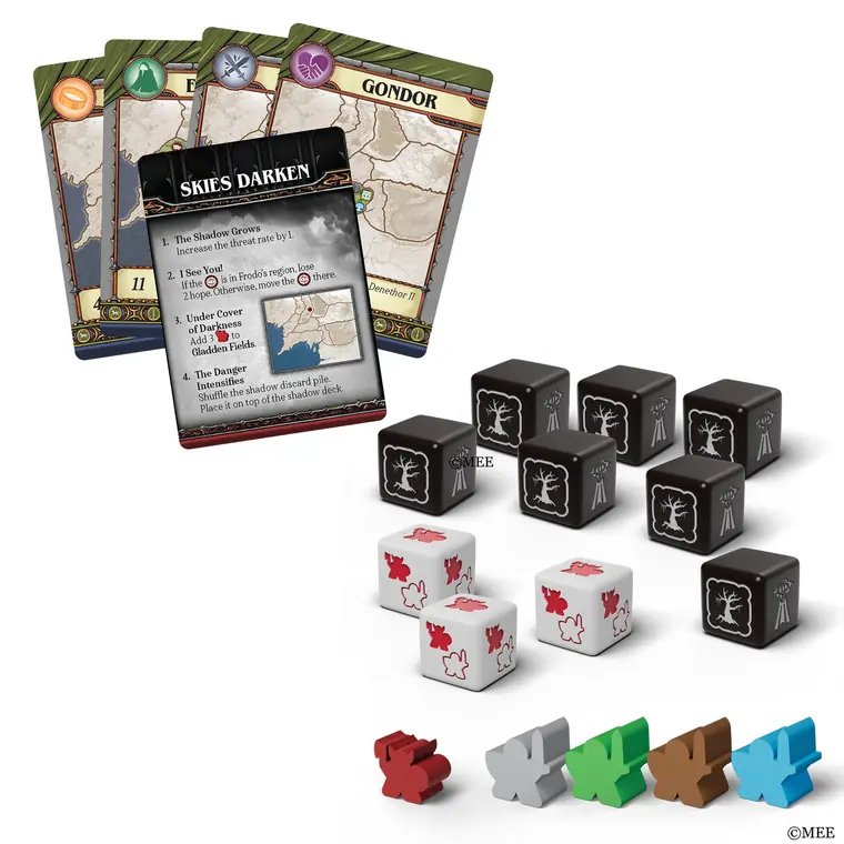 Cartas de región, dados de búsqueda y de batalla, y tropas