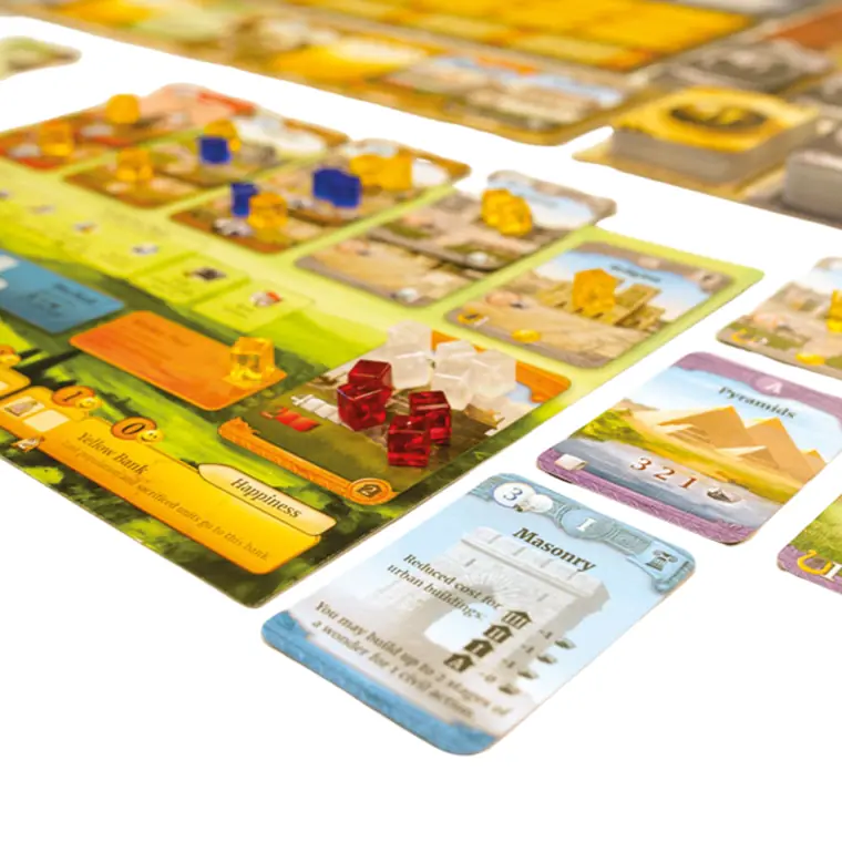 Un tablero individual con sus fichas y cartas