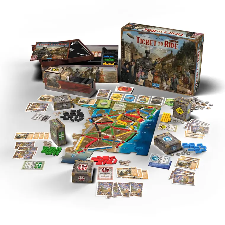 Tablero, cajas de compañía, vagones y cartas