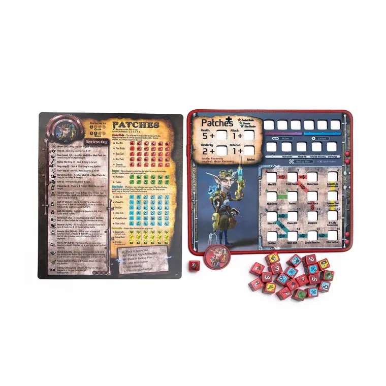 El tablero de Patches, su hoja y sus dados